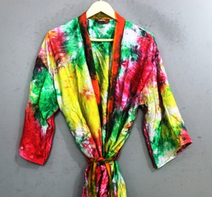 <b>Women</b> Tie Dye <b>Robe</b> Long Sleeve Full Length Casual Sleepwear Soft Woven Polyester Drawstring Closure Summer Wear - Product Image 1