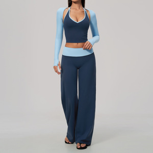 Women's <b>Brown</b> Two-Piece Set Halter Crop <b>Top</b> With Full <b>Sleeve</b> <b>Long</b> Pants Solid Color Knitted Spandex Nylon Loose Fit All Seasons - Product Image 6