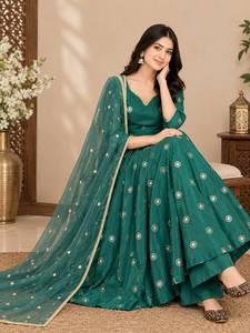 Traje Anarkali Verde Satinado Largo Hasta el Suelo para Mujer, Manga Larga, Absorbente de Humedad, Ropa Tradicional India para Fiesta con Dupatta de Red - Product Image 6