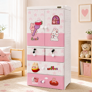 Nandos Rabbit <b>6</b> Tier Children Plastic Cabinet <b>Drawer</b> with Keys and Flat Panel Hinged Doors Suitable for Bedroom Organization - Product Image 1
