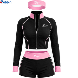 Conjuntos Deportivos Cortos de Hip Hop con Logotipo Personalizado, Conjunto de 3 Piezas, Chaqueta con Cierre y Cuello Alto en Bloques de Color, Combinada con Pantalones Cortos y una Diadema - Product Image 4