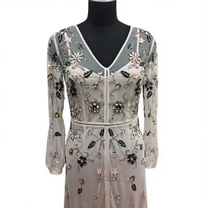 Designer Embroidered Maxi A-Line V-neck 100% Polyester Luxury Beaded Floral Embellished Bridal Wedding Dress <b>White</b> Long Sleeve - Product Image 6