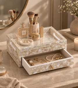 Handmade Oval Polished Mother of Pearl Inlay Luxury Indian Makeup Organizer <b>Tray</b> with <b>Drawer</b> Shell Inlay Vanity Storage Box - Product Image 3