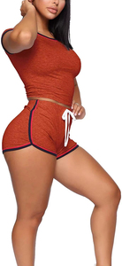Conjunto Deportivo de 2 Piezas para Mujer, Top de Manga Corta con Cuello Redondo y Pantalones Cortos con Cordón, Estilo Casual de Verano, Transpirable, 100% Algodón - Product Image 3