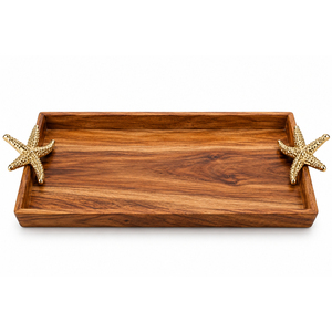 Plateau de service moderne en bois de manguier avec poignées florales en métal doré, plateau décoratif en bois de qualité supérieure avec accents floraux en émail bleu - Product Image 5