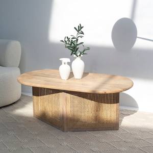 Mesa de Centro Ovalada de Madera con Base de Ratán Vandana Zenova Elara para Decoración Moderna de Sala de Estar - Product Image 5