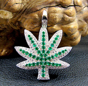 925 <b>Silver</b> Moissanite Leaf <b>Pendant</b> Rhodium Plated Green Iced Charm Necklace <b>for</b> <b>Men</b> Women - Product Image 1