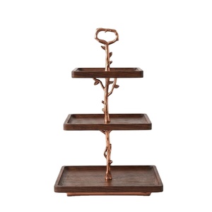 3 Tier Acacia Wood Cake Stand With <b>Copper</b> Branch Design Hand Carved Wooden Serving Tray For Weddings And Party <b>Table</b> Decoration - Product Image 1