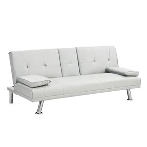 Two-Holder Armrest <b>Sofa</b> Bed with <b>Wood</b> <b>Frame</b> and Stainless Leg FUTON White PVC Material - Product Image 6