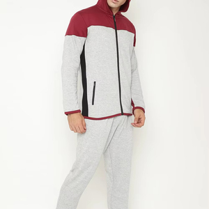 Chándal con Capucha para Hombre, Diseño Color Block Gris y Rojo, Cierre de Cremallera en Manga Larga, Ropa Casual de Otoño, Tejido Transpirable de Poliéster y Algodón - Product Image 3