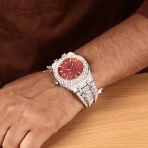 Reloj de Lujo para Hombre, Completamente Cubierto de Diamantes Moissanite, Esfera con Diseño de Barra, Tono Oro Rosa, Acero Inoxidable, Estilo Hip Hop, Brillante - Product Image 4