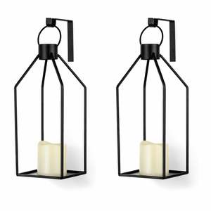 Ensemble de appliques murales lanterne en métal noir rustique avec panneau arrière en bois, style ferme, construction robuste, décoration intérieure chaleureuse - Product Image 2