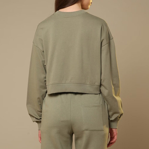 Women's Olive <b>Green</b> <b>Cropped</b> Sweatshirt Set Crew Neck Long Sleeve Loose Fit Casual Knitted Solid Color Knee Length - Product Image 3