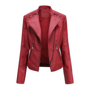 Blouson bomber en cuir beige pour femme avec col montant et fermeture éclair, manches longues, manteau d'hiver tendance, coupe-vent et épais - Product Image 4