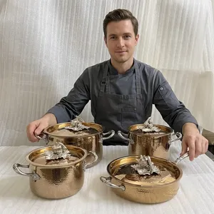 Hammered Stainless Steel Cookware Set of 4 Pot And Frying <b>Pan</b> European Design Stainless Steel Handles Vegetable Lid Oven Safe - Product Image 5