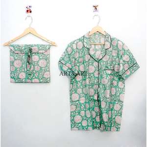 Conjunto de Pijama Corto de Algodón para Mujer, Cómodo y Transpirable, con Botones de Encaje, Estampado Indio a Mano, Pantalones Cortos de Pijama para Verano - Product Image 3