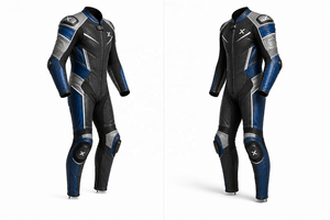 Traje de Motocicleta de Cuero de Una Pieza, Estilo Deportivo Urbano |   Azul Negro Gris |   Fabricante OEM ODM |   Diseño de Calidad Premium |   Ropa de Carreras - Product Image 2