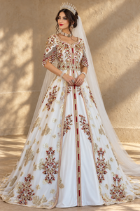 Caftan de mariée algérien rouge rubis ivoire avec broderie dorée, manches à franges de perles, ceinture ornée de bijoux, voile, pour femme, robe longue de soirée arabe respirante, col en V - Product Image 4