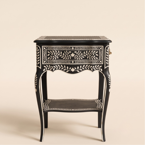 <b>Vintage</b> Bone Inlay Black <b>Bedside</b> <b>Table</b> 1 Drawer with Shelf Floral Handmade Nightstand Unique Furniture <b>Bedside</b> for Bedroom - Product Image 4