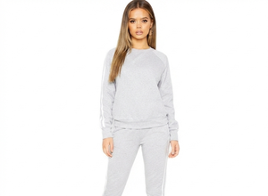 Women's Gray Tracksuit With <b>White</b> Stripes Full Sleeve Crew Neck Casual Sweatshirt And <b>Joggers</b> Set Regular Fit Autumn Wear - Product Image 4