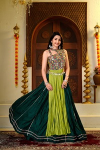 Conjunto de Lehenga Choli Plisado de Dos Tonos, Estampado, en Georgette, Traje Étnico para Bodas, Fiestas y Bailes - Product Image 5