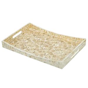 Bandeja de Nácar Natural Beige con Incrustaciones de Concha, Bandejas Decorativas Curvas para Servir, Bandejas de Lujo Hechas a Mano para Sala de Estar y Dormitorio - Product Image 1