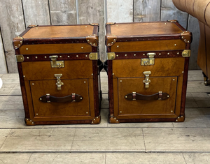 Vintage Leather Bedside Trunk Cabinet Set Antique <b>Storage</b> <b>Chest</b> Nightstand Drawer Metal Accents Large Capacity Space Living Room - Product Image 1