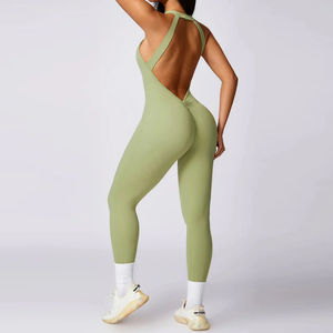 Body elástico sin espalda y sin mangas para mujer, mono de fitness, yoga, transpirable, ropa de gimnasio, cintura alta, elástico, de secado rápido, personalizado, color liso. - Product Image 3