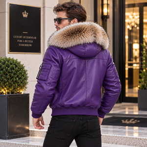 Fashion Breathable Leather <b>Bomber</b> <b>Jacket</b> for <b>Men</b> with Faux Fur Hood and Zipper Closure | Plaid Pattern Casual <b>Summer</b> <b>Jacket</b> - Product Image 2