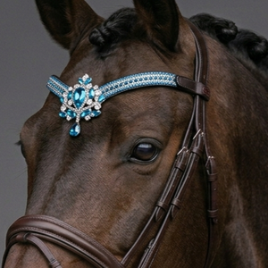 Couronne élégante de luxe en cristal bleu turquoise en forme de V, serre-tête pour cheval, en cuir rembourré fait main, personnalisable pour le dressage - Product Image 1