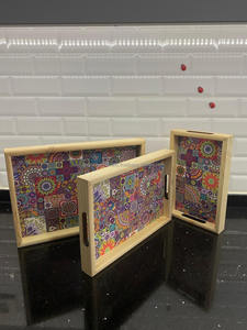 ถาดไม้อะคาเซียทำด้วยมือถาดเสิร์ฟพร้อมที่จับโลหะถาดอาหารเช้าทำจากไม้ไผ่ทรงสี่เหลี่ยมสำหรับอาหาร - Product Image 2