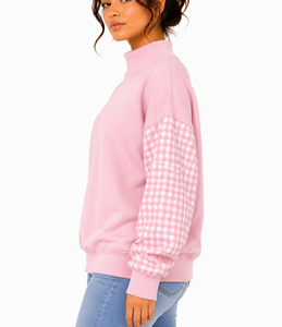 Sudadera de cuello alto para mujer con logo personalizado, mangas de gingham, apliques de letras, estilo oversize, casual, tipo jersey, fabricante - Product Image 2