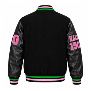 Veste universitaire rose tendance avec lettres grecques brodées vertes, unisexe, décontractée, de la collection Trendy Outfit Factory Outlet - Product Image 6