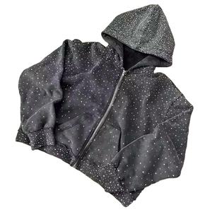 Sudadera con capucha pesada OEM con cremallera, personalizada, 100% algodón, forro polar, estilo urbano de invierno, ecológica, transpirable, con diseño de pedrería para hombre - Product Image 4