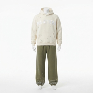 Custom Men <b>Oversized</b> Hoodie <b>Jogger</b> Set Cotton Fleece Washed Two Tone Rhinestone Streetwear Tracksuit OEM Wholesale - Product Image 3