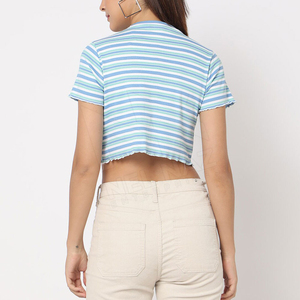 Camiseta Corta a Rayas para Mujer, Cuello Redondo, Manga Corta, Tejida, Informal, Primavera Verano - Product Image 3