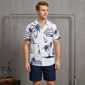Conjunto de Camisa y Pantalones Cortos de Verano para Hombre, Estampado de Palmeras y Veleros en Azul, Tejido Transpirable de Secado Rápido, 140g - Product Image 4