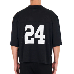 เสื้อยืดโอเวอร์ไซส์สีดำตาข่ายสำหรับผู้ชาย ขายดี แต่งแถบสีขาว ไหล่ตก ทรงบ็อกซี่ ผ้าสองชั้น ระบายอากาศได้ดี เหมาะสำหรับเล่นฟุตบอล - Product Image 2