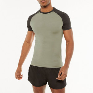 T-shirt homme vert olive à manches raglan, coupe ajustée, séchage rapide, col rond, tricoté, manches courtes, pour le sport et le jogging, ensemble deux pièces pour homme - Product Image 1