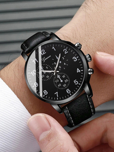 192039 5pcs/set Men's <b>Black</b> Leather Strap Quartz <b>Watch</b> Business and Fashionable Wristwatch With Woven Pu Leather Bracelet - Product Image 5