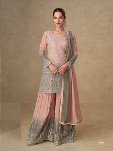 Sayuri Designer Shivani <b>Top</b> Palazzo Dupatta Set Heavy Real Georgette With Embroidery sequence work and Real Mirror India Export - Product Image 1