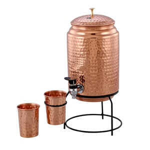 Dispensador de agua de cobre puro martillado de 5L con soporte de hierro resistente y tapete tradicional ayurvédico de cobre para la salud y el bienestar. - Product Image 5