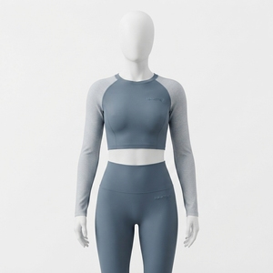 Women Blue Gray Contrast Yoga Set <b>Long</b> <b>Sleeve</b> Crop <b>Top</b> High Waist Leggings Gym Fitness <b>Workout</b> Activewear Set - Product Image 2