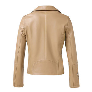 Chaqueta de Motocicleta de Cuero Genuino Color Bronceado para Mujer, Cierre Asimétrico, Cuello Camisero, Manga Larga, Forro de Seda, Secado Rápido - Product Image 2