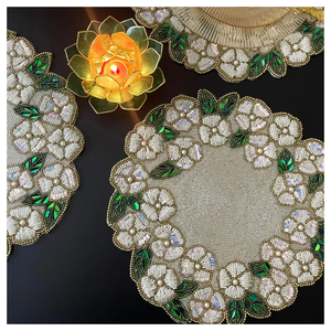 Handmade Beaded Round <b>Placemat</b> Scallop Geometric Luxury Gold White Table Mat Reusable - Product Image 5
