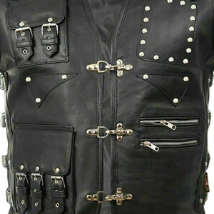Gilet sans manches en cuir PU noir pour homme avec plusieurs poches, décoration à rivets, fermeture à trois boutons, style motard - Product Image 4