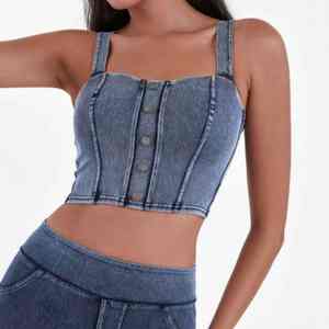 Top Corto Elástico de Cuello Cuadrado con Diseño Reductor y Relleno en el Pecho para Mujer, Estilo Denim - Product Image 2