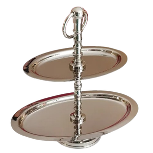Perfect For Wedding Decorations For Sale Vintage <b>Two</b>-<b>Tier</b> Metal <b>Cake</b> <b>Stand</b> Oval Shape Convenient Handle And Shiny Silver Finish - Product Image 1
