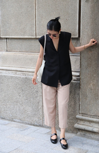 Conjunto de 2 piezas de chaleco sin mangas y blazer de mujer para oficina, estilo vietnamita, transpirable, tejido liso, con cuello de muesca y cuello en V, talla grande, para verano - Product Image 3