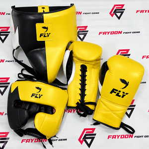 Gants de boxe Fly, protège-tête, protège-glandes, en cuir véritable, à lacets, logo personnalisé, noir et jaune, légers, respirants, équipement de sparring - Product Image 1